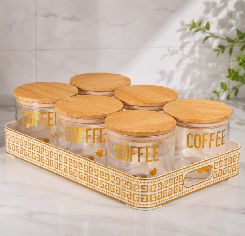 白色金托盘+透明印COFFEE竹盖密封罐6组装
